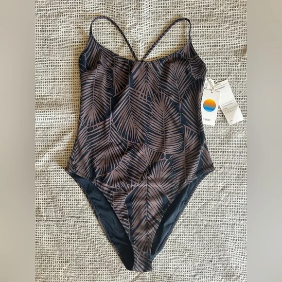 Vuori Black and Brown Leaf Print One Piece Swimsuit - Picture 1 of 8